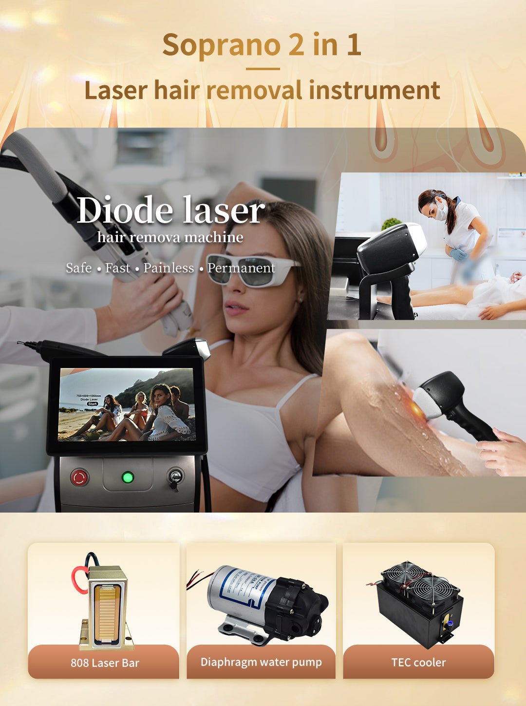 Ice Platinum Titanium soprano Hair Removal Laser Diode Laser 808nm Diode Laser Hair Removal Machine - CSTrueBeauty